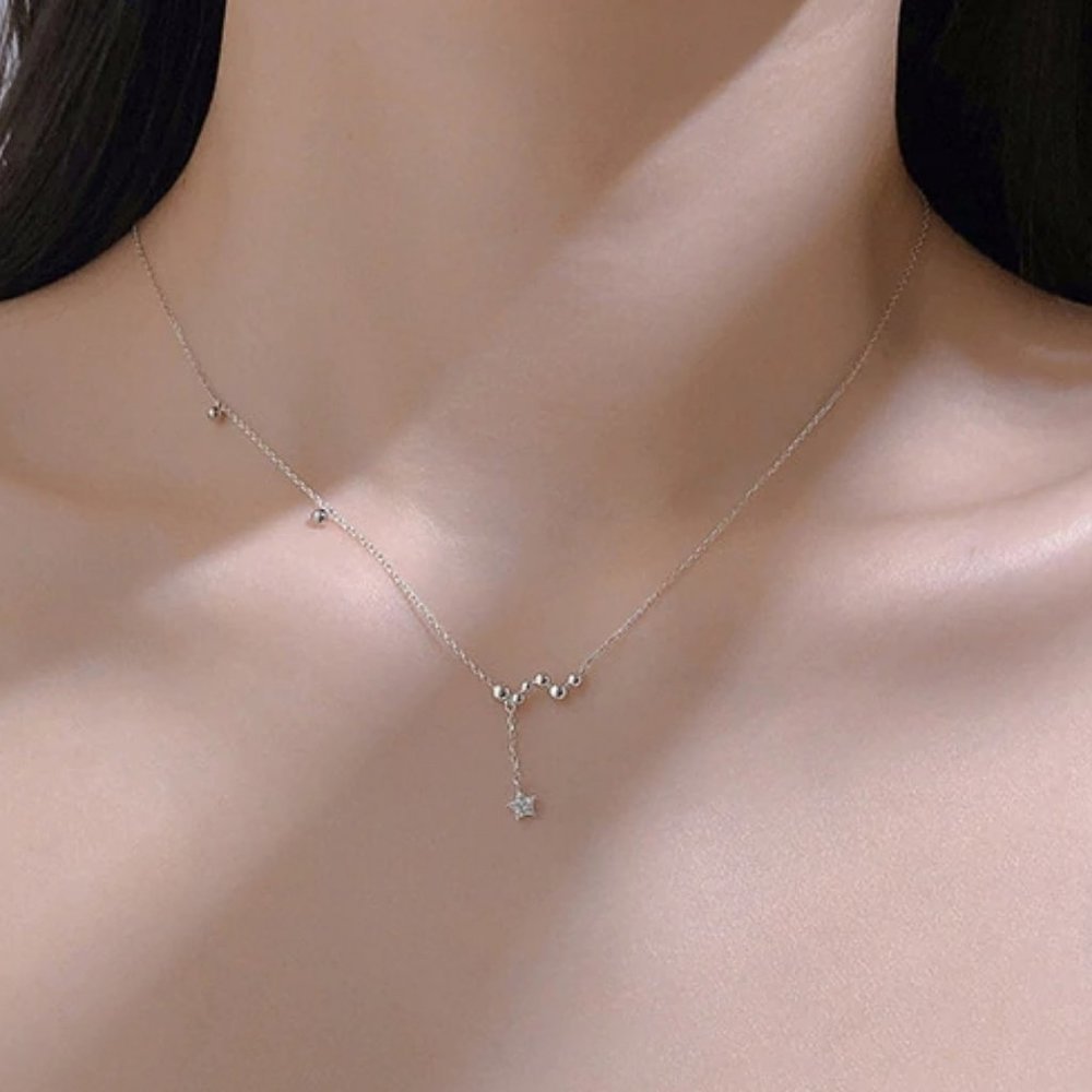 *925 Sterling Silver Diamond Star Tassel Necklace